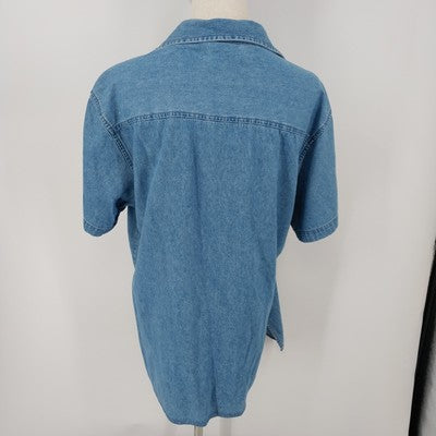 Very Important Pieces Women Denim Embroidered Whimsical Shirt Short Sleeve Large
