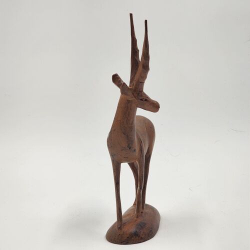 Wooden Hand Carved Antelope Figurine Gazelle Natural Smooth Finish on Base 8.5"