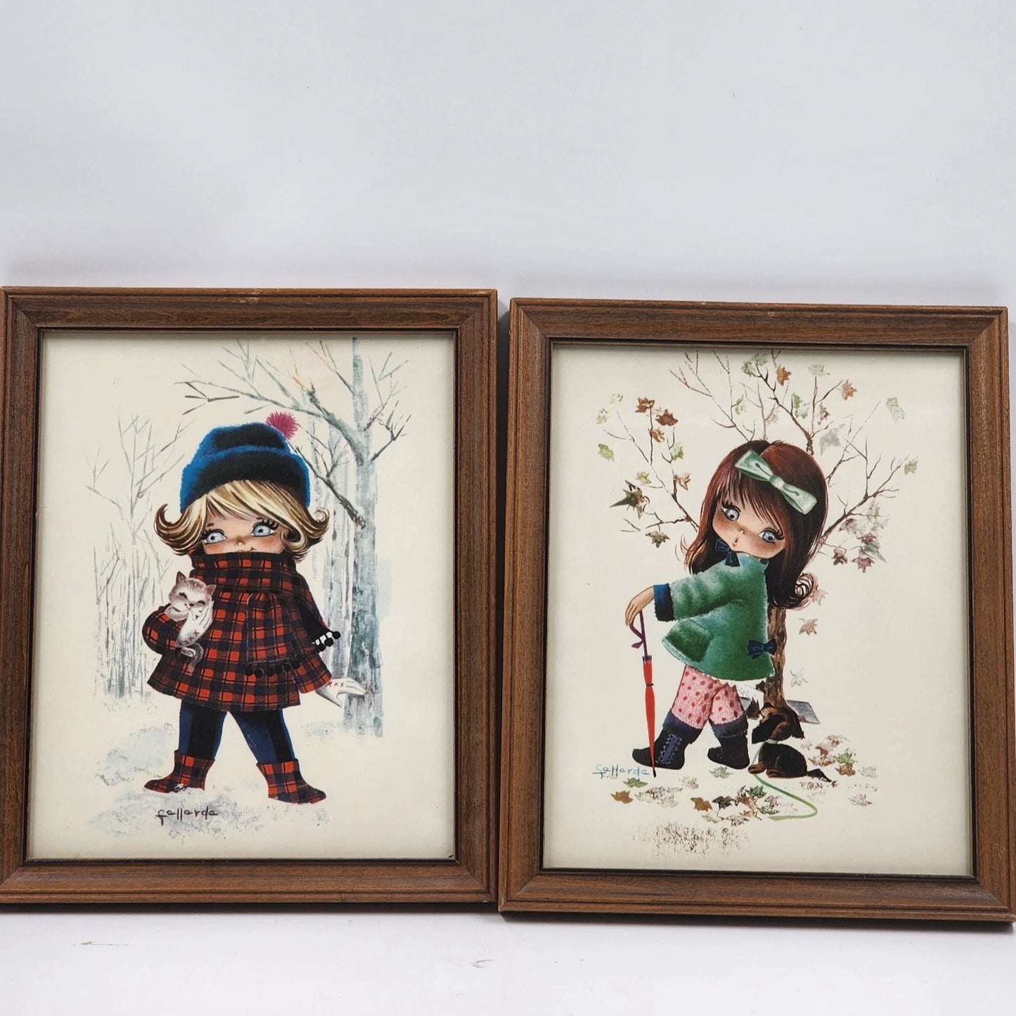 2 Fallarda Gallarda Big Eye Prints Pair 1960's Fall & Winter Framed Kitsch Art