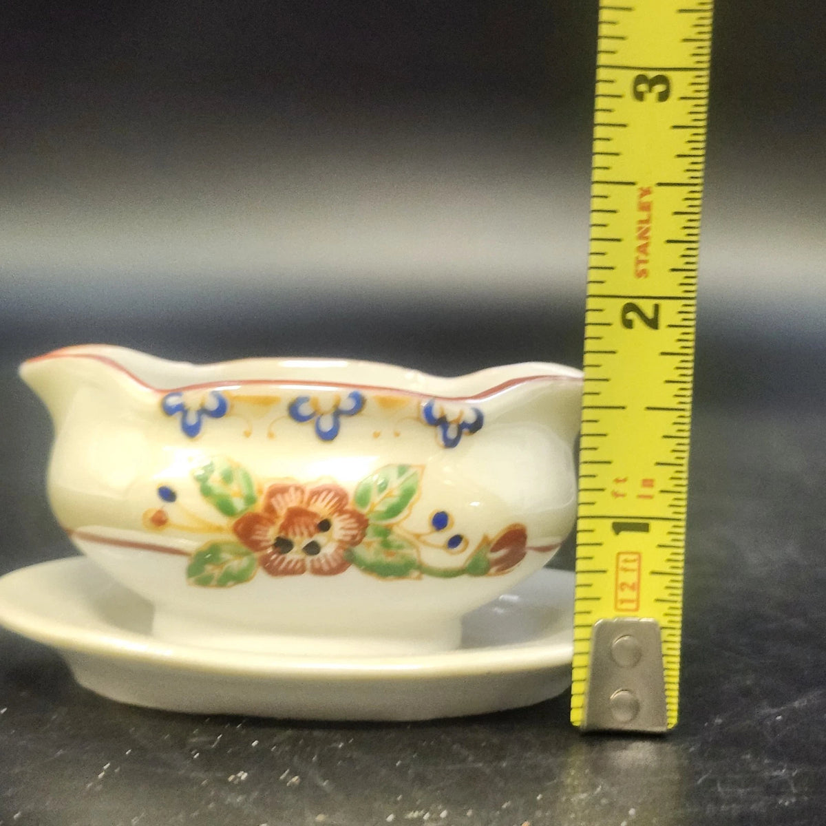 Porcelain Sauce Gravy Bowl with Underplate 3" Hand Painted Floral Rust Rim Japan