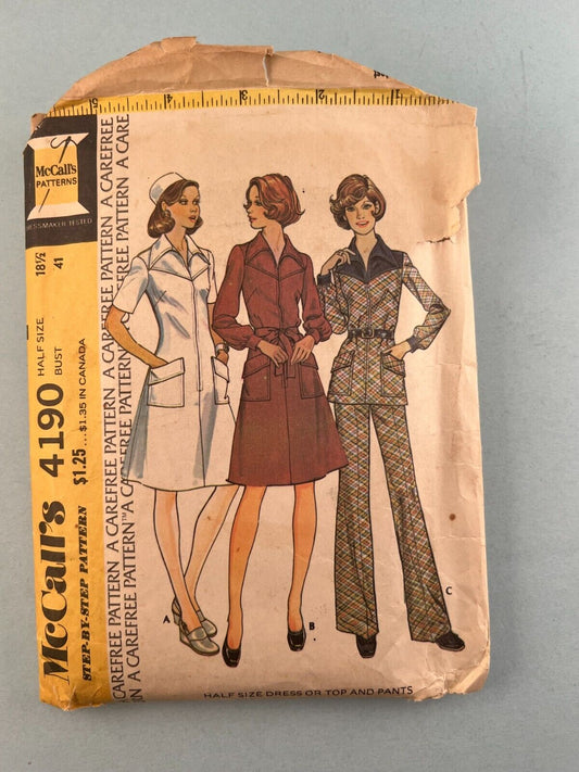 McCall's 4190 Vintage Sewing Pattern '74 Half Size Dress or Top and Pants 18½