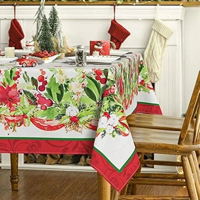 Holly and Berries Fabric Tablecloth 58" x 84" Red Green Christmas Holiday NWT