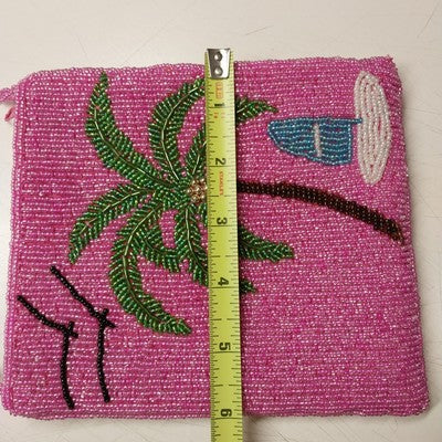 Ermo Collection Beaded Pink Purse Bag Palm Tree Design Lined Vintage China