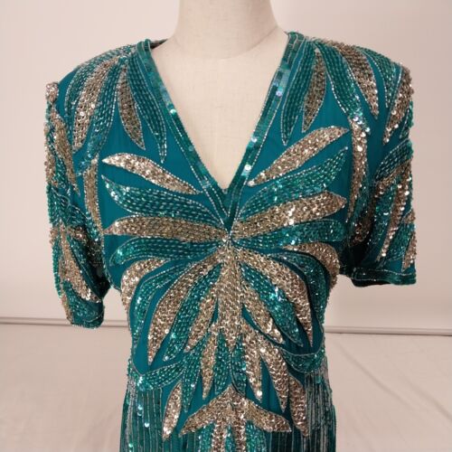 Carina Silk Sequined Top Teal Evening Dress Size L Zipper Hook/Loop Back AS IS