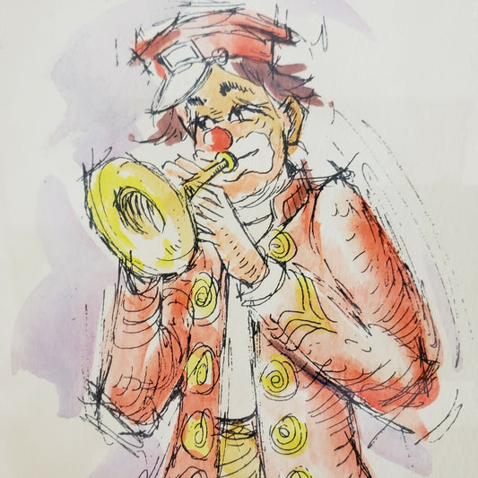 Framed Print Sketch of Clown Playing Horn Orange Watercolor Tony Oswald Signed