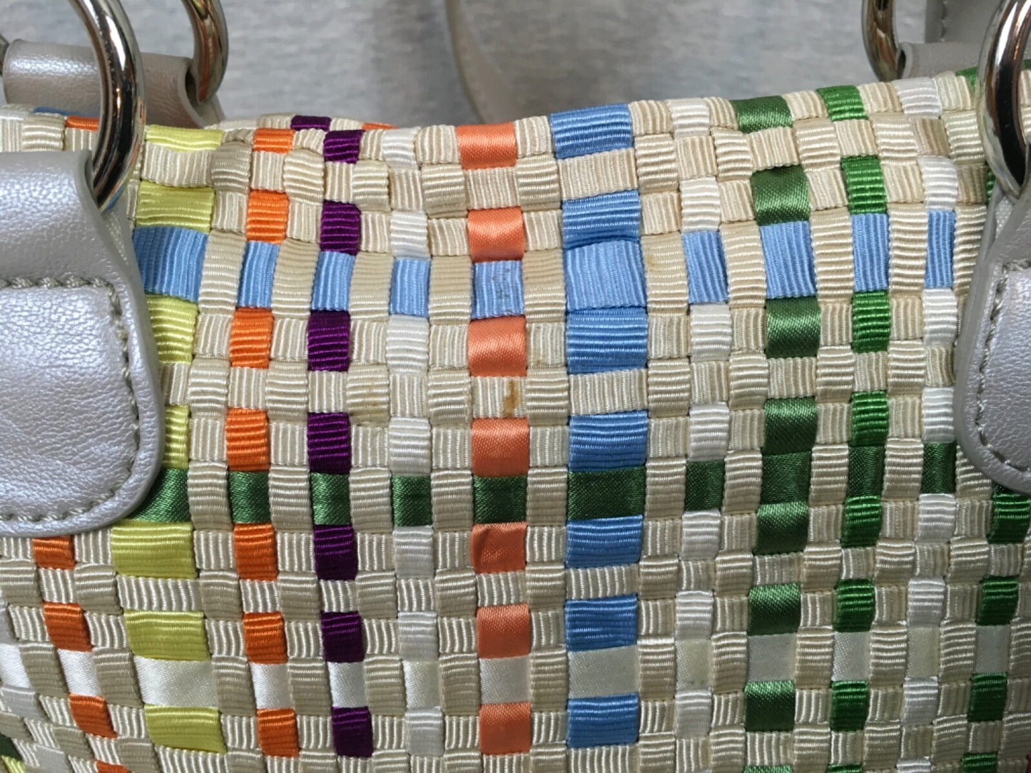 Lina Ribbon Weave Woven Silver Handbag Purse Zipper Zip Top Bag Boho Multicolor