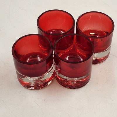 4 Red Flashed Short Highball Shot Glass Tea Lite Bubble Base 2.5"h Thick Barware
