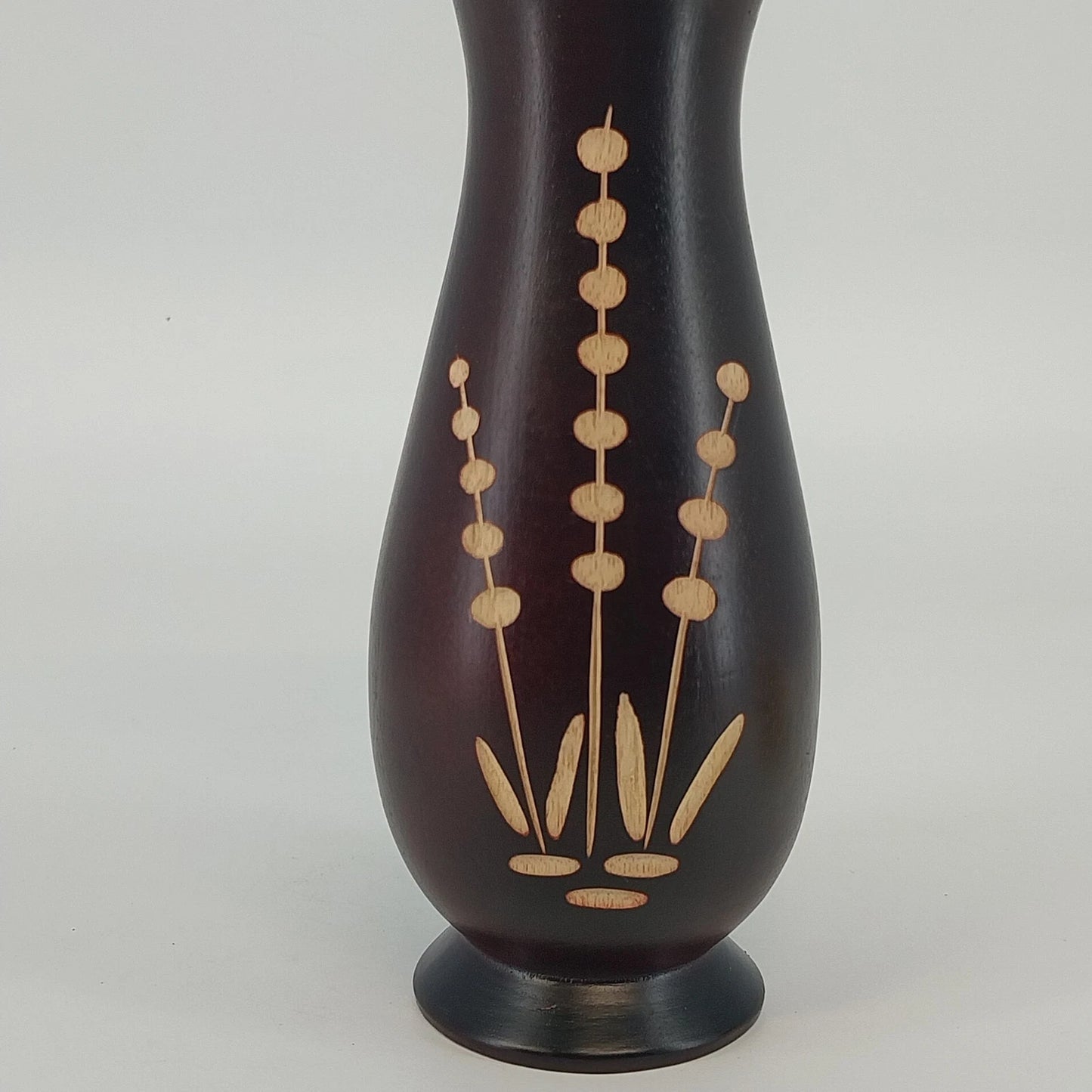 Turned Wood Vase Inset Botanical Floral Pattern Dark Brown 8" Vintage