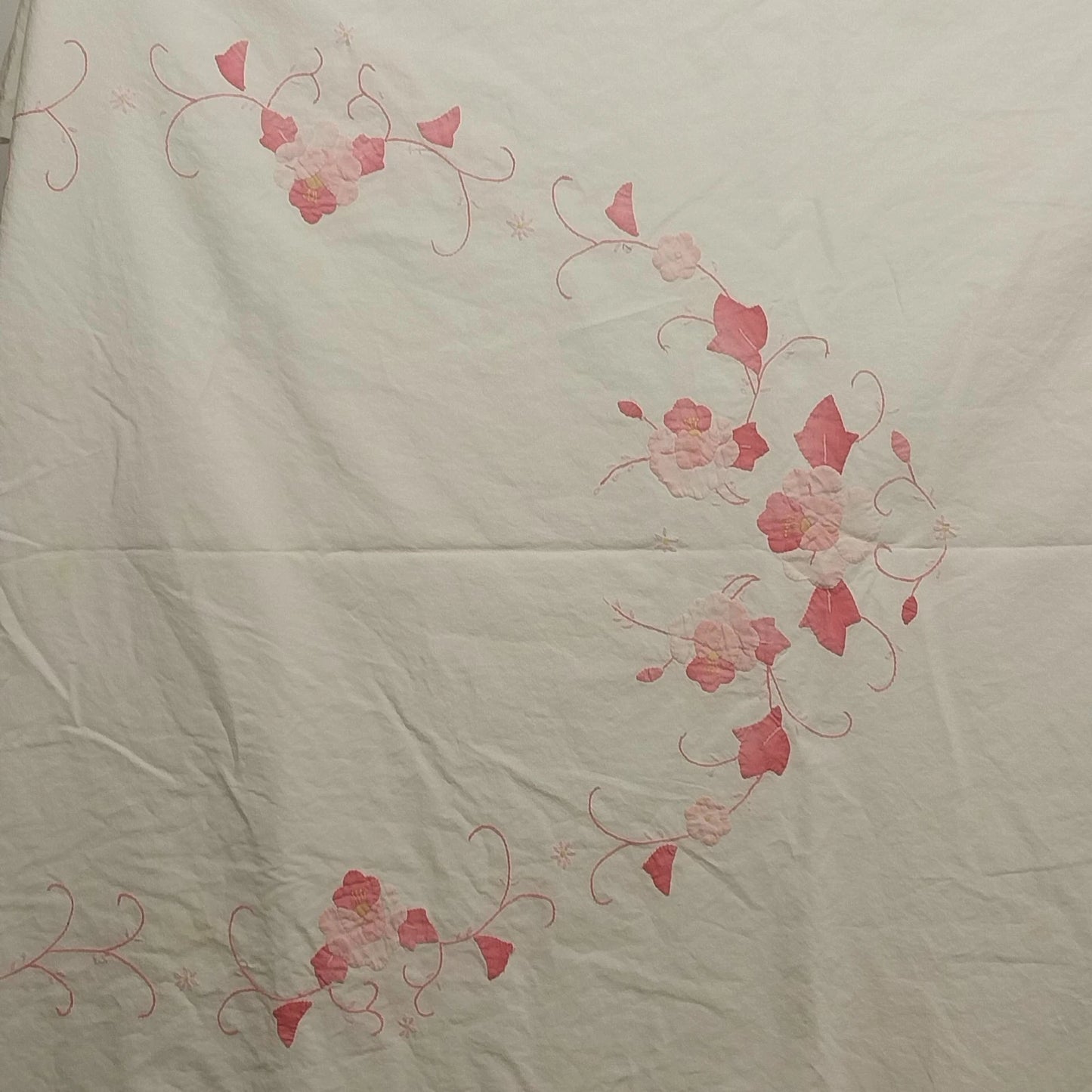 Handmade White Tablecloth Pink Applique Floral Embroidered Hemmed 96x66 Vintage