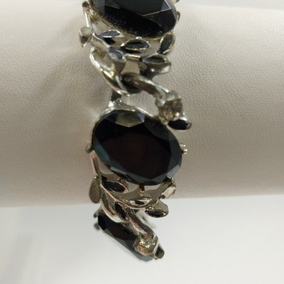 Silver Tone Bracelet Black Enameled Leaf & Faceted Glass Oval Beads
