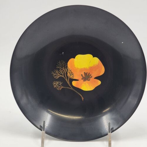 Couroc Yellow Poppy Flower 7.75" Bowl Black with Image in the Center One Piece