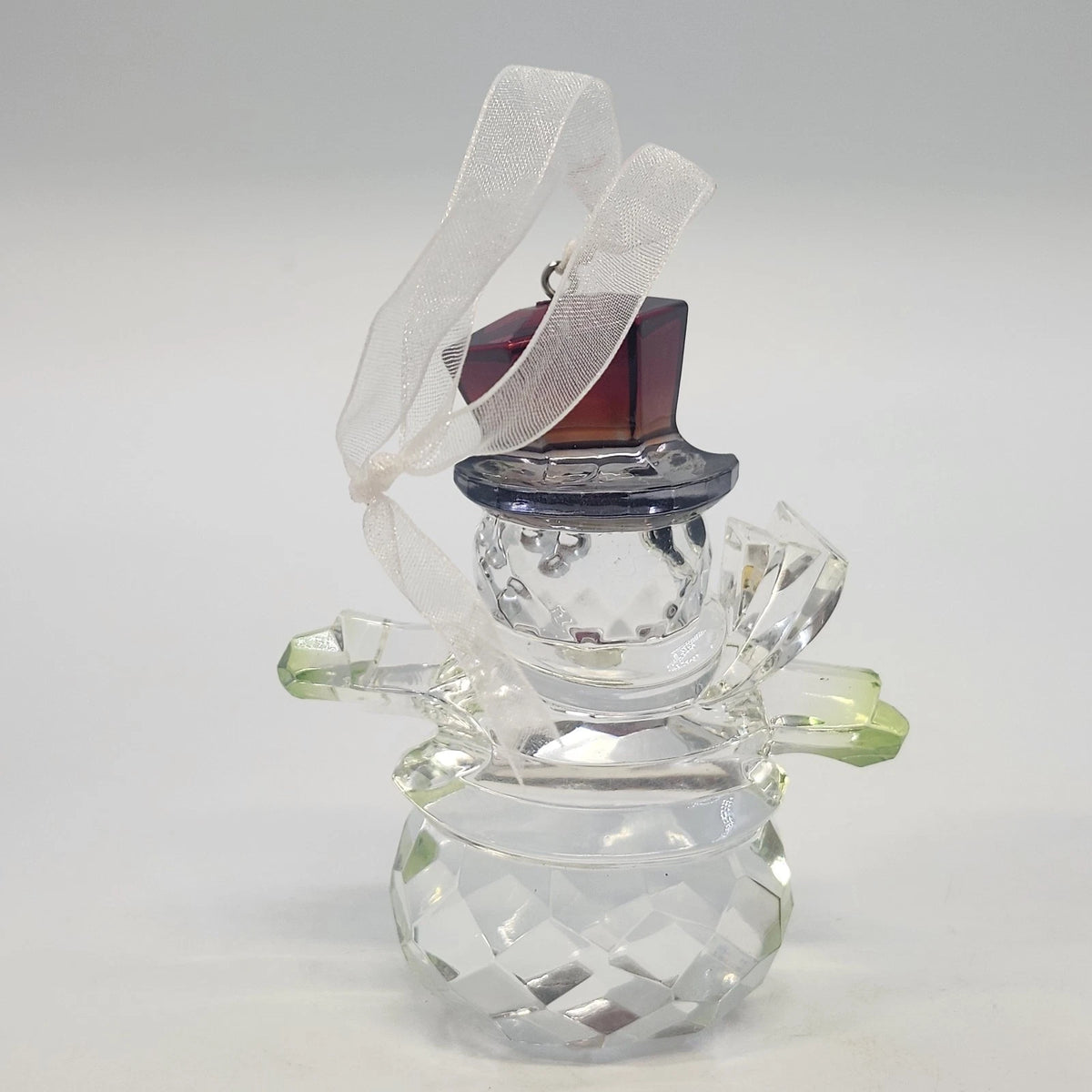 Snowman Christmas Ornament 4" Acrylic Clear Faceted w Red Top Hat & Rhinestones