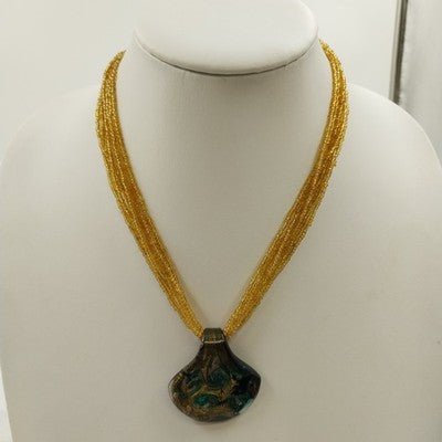 6 Strands Gold Tone Seed Beads with Multicolor Marbled Glass Pendant Necklace