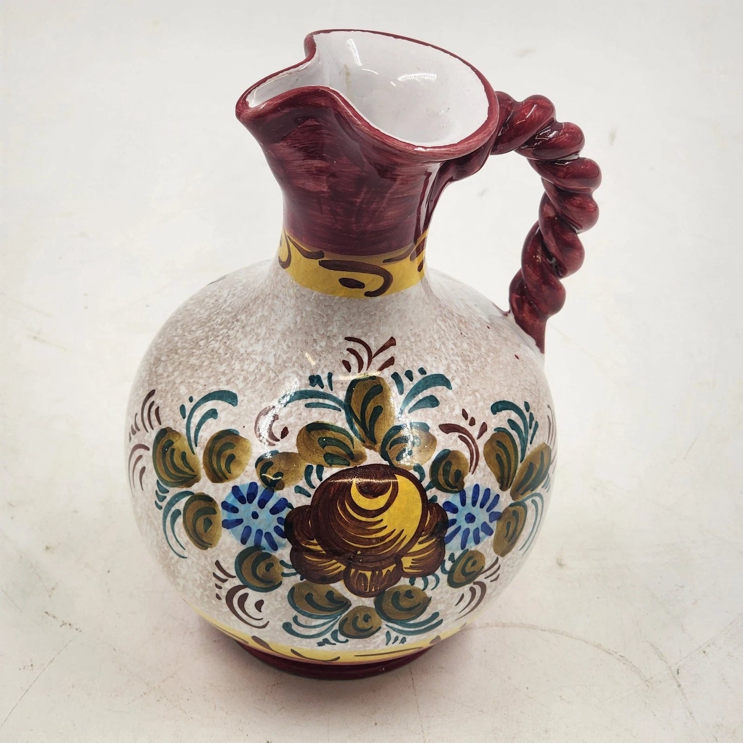Italian Ceramic Pottery Pitcher Hand Painted Bright Floral Twist Handle 8.5"