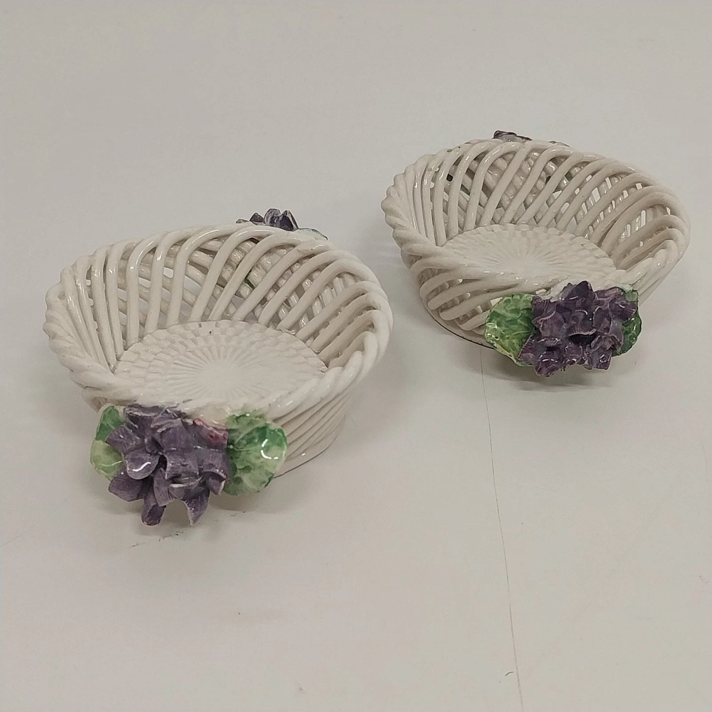 Italian Ceramic Lattice Trinkets Baskets Purple Violets Floral Pair 3" Vintage