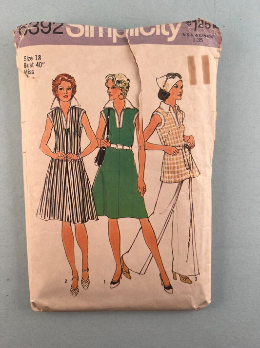 Simplicity 6392 Vintage Sewing Pattern 1974 Misses Dress or Top Pants Size 18