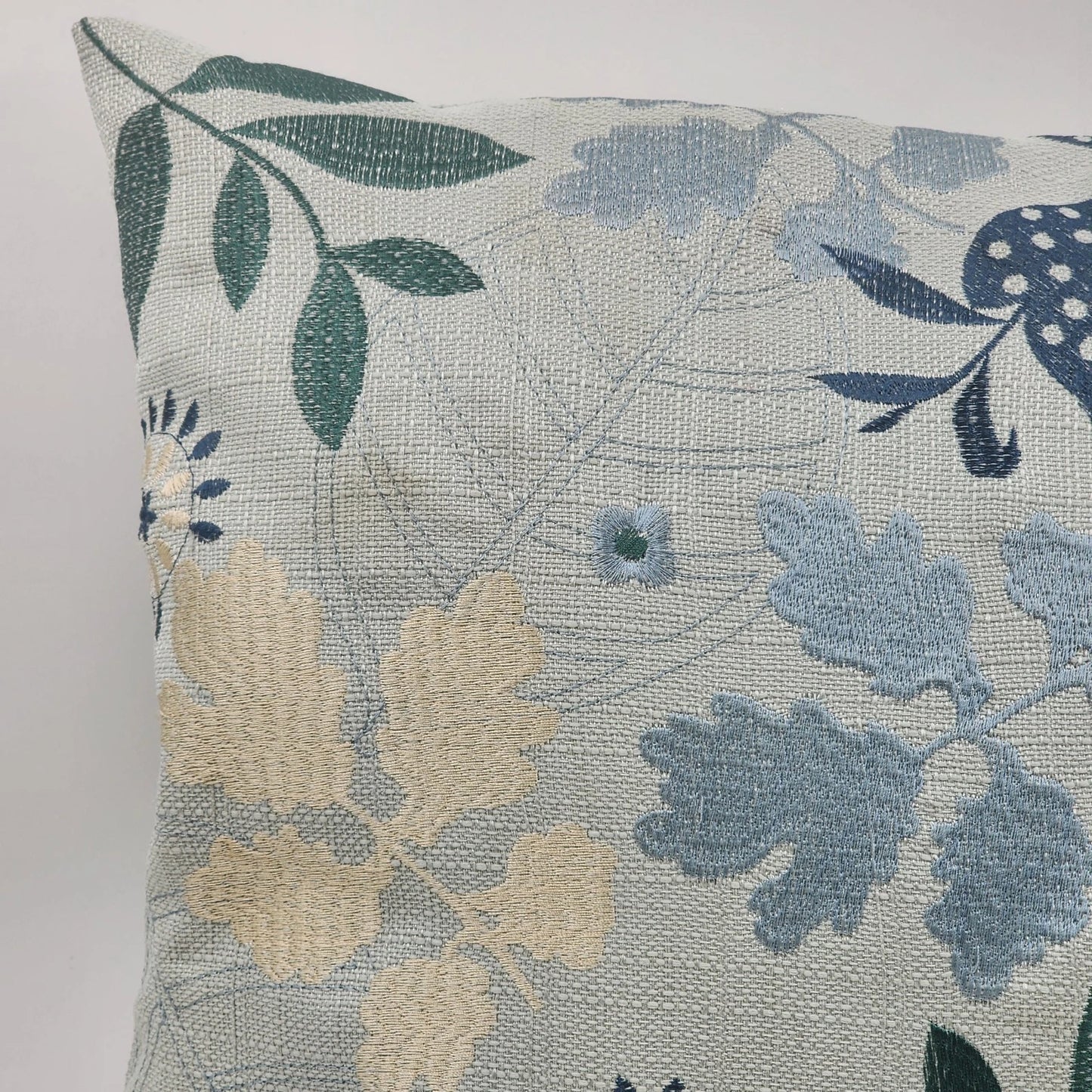 Decorative Down Throw Pillow 20"x20" Blues Embroidered Floral Leaf Cotton Canvas