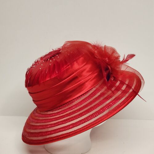 Women's Red Dressy Hat Banded Silk Bows Wedding Church Derby 100% Straw Vintage