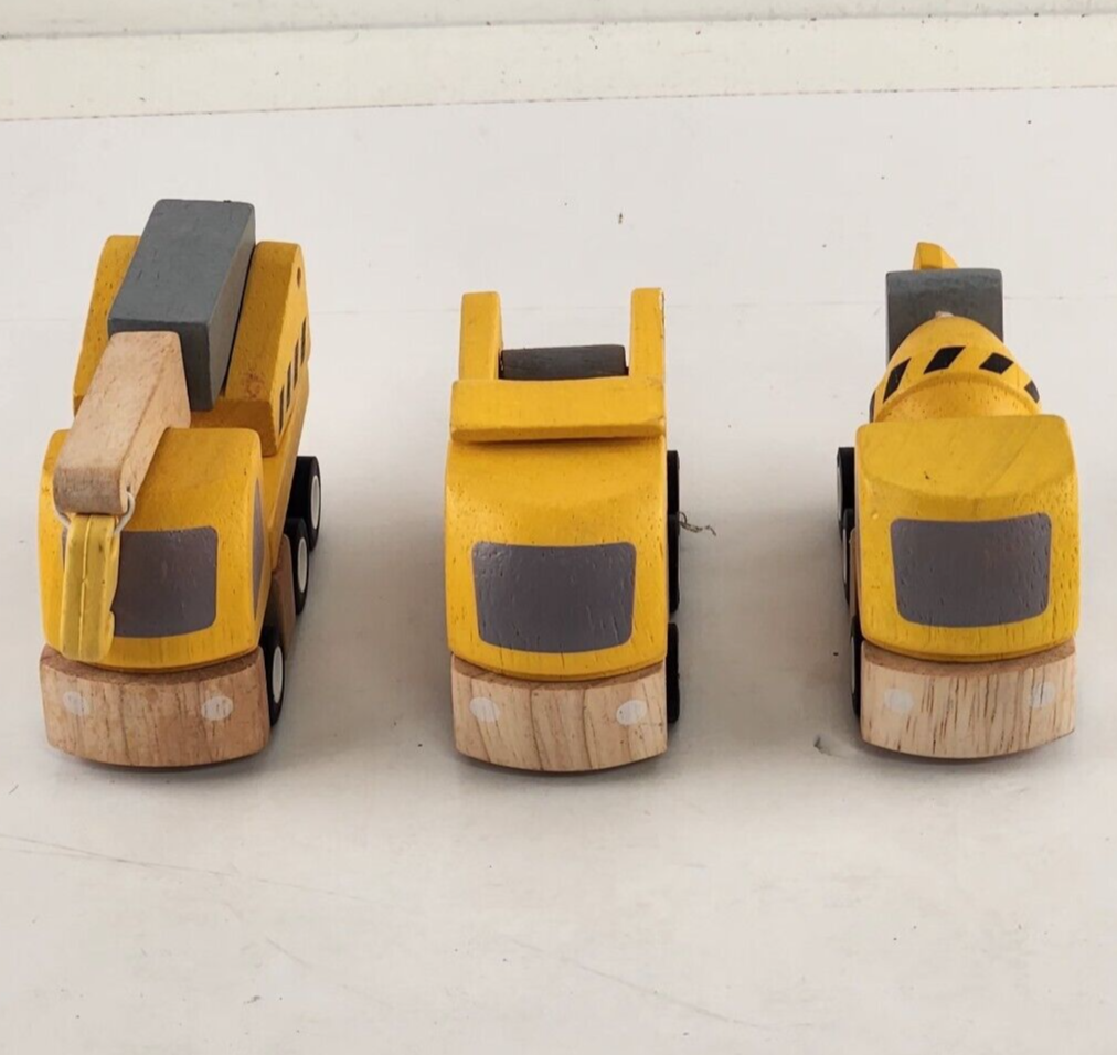 3 Plan City Wooden Toy Trucks Cement Dump and Crane Trucks 3" Long Rubber Tires