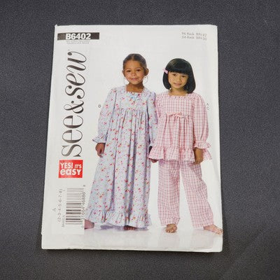 Butterick See & Sew B6402 Sewing Pattern 2016 Uncut Girls Pajamas Nightgown Sz A