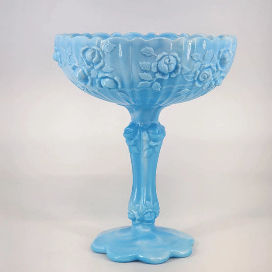 Fenton Blue White Marble Slag Glass Rose Pedestal Cabbage Rose Candy Dish 7.5"h