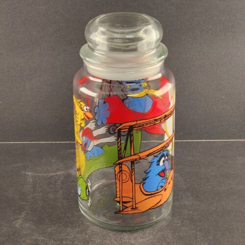 Sesame Street Cannister Characters Flying Airplanes Glass Container Lid Vintage