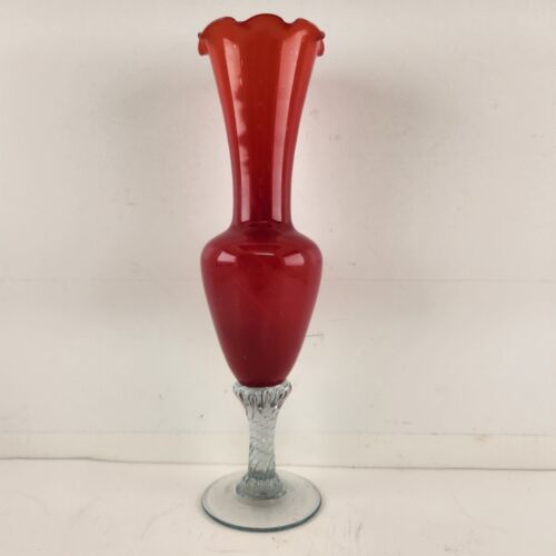 Emboli Hand Blown Bud Vase Red Scalloped Thin Ginger Jar w Twist Clear Base 8.3"