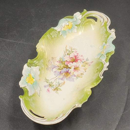Saxe Altenburg German Green Porcelain Celery Dish 13" Floral Gold Gilt Antique