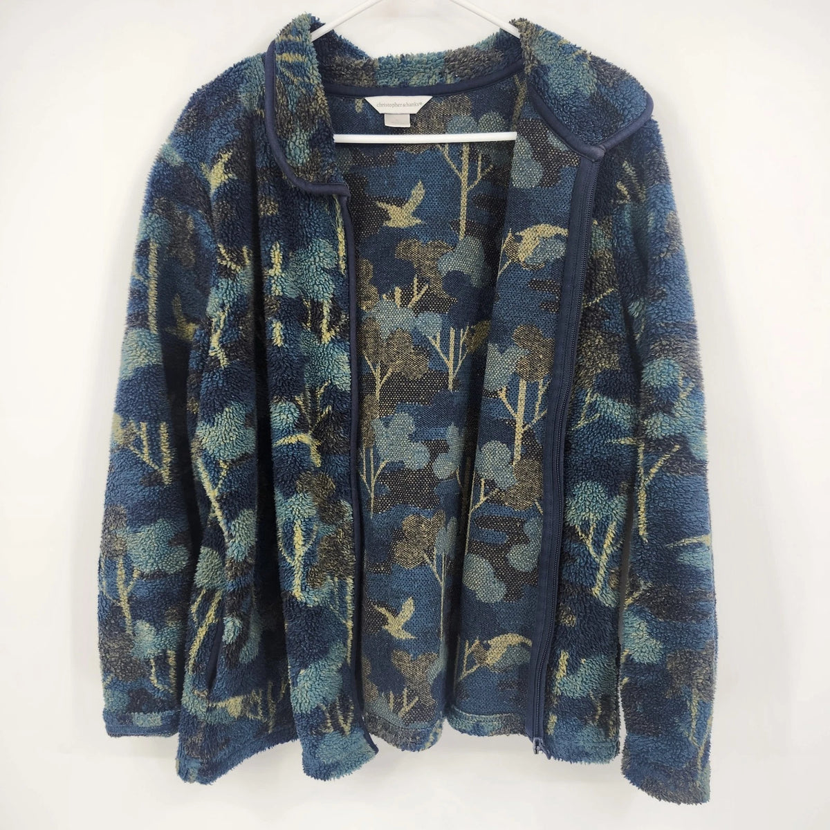 Christopher & Banks Women's Fleece Jacket XL Blue Floral Birds Nature Full Zip