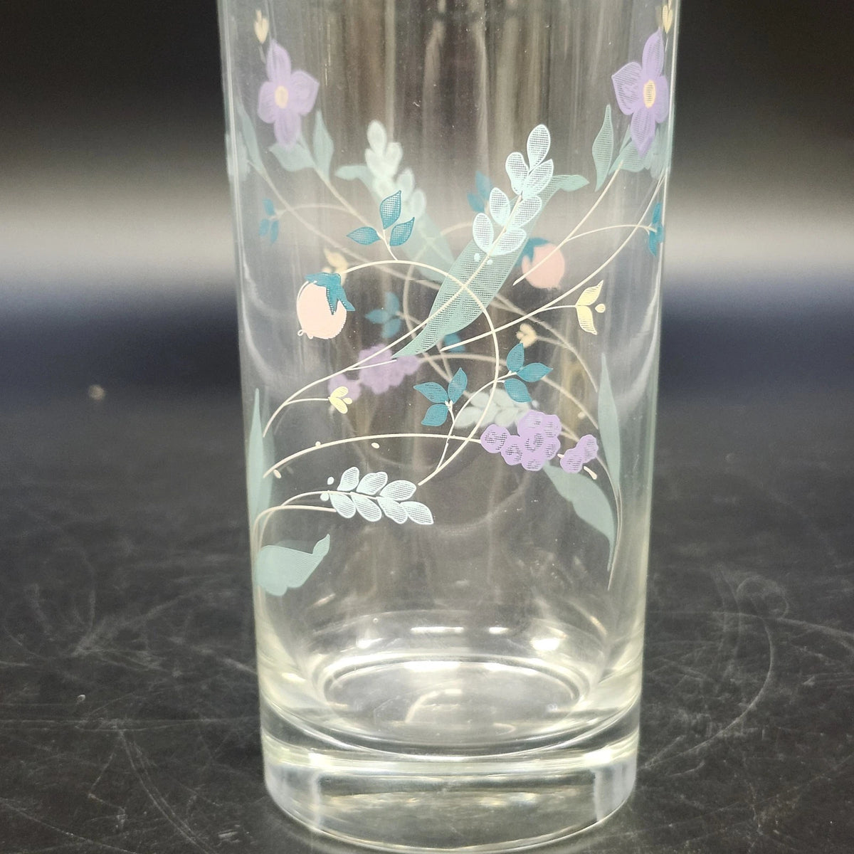 Pfaltzgraff April Floral Highball Tumbler 6.25" Clear Glass Pastel Flowers Vtg