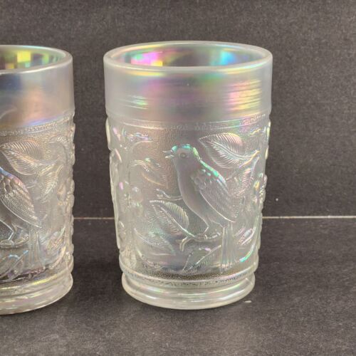 2 Imperial Robin Bird Tumblers Icy White Iridescent Carnival Glass Embossed 8 oz