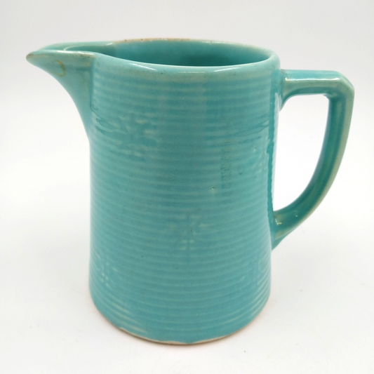 Blue Green Pottery Small Pitcher Mug Ring Snowflake Pattern 5.25" w Handle USA