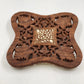Hand Carved Wood Trivet 8" Square Gold Inlay Floral Design Vented Feet India Vtg
