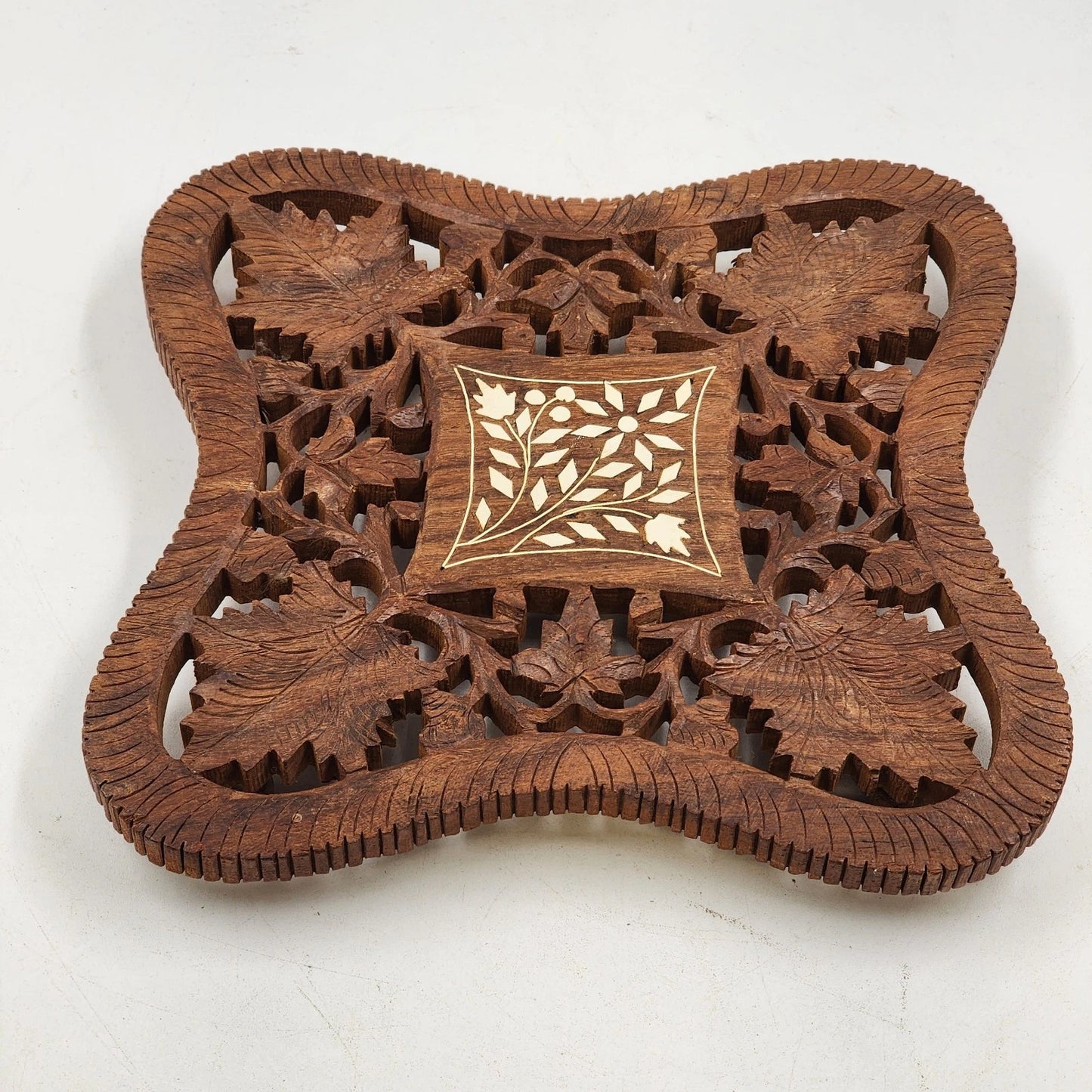 Hand Carved Wood Trivet 8" Square Gold Inlay Floral Design Vented Feet India Vtg
