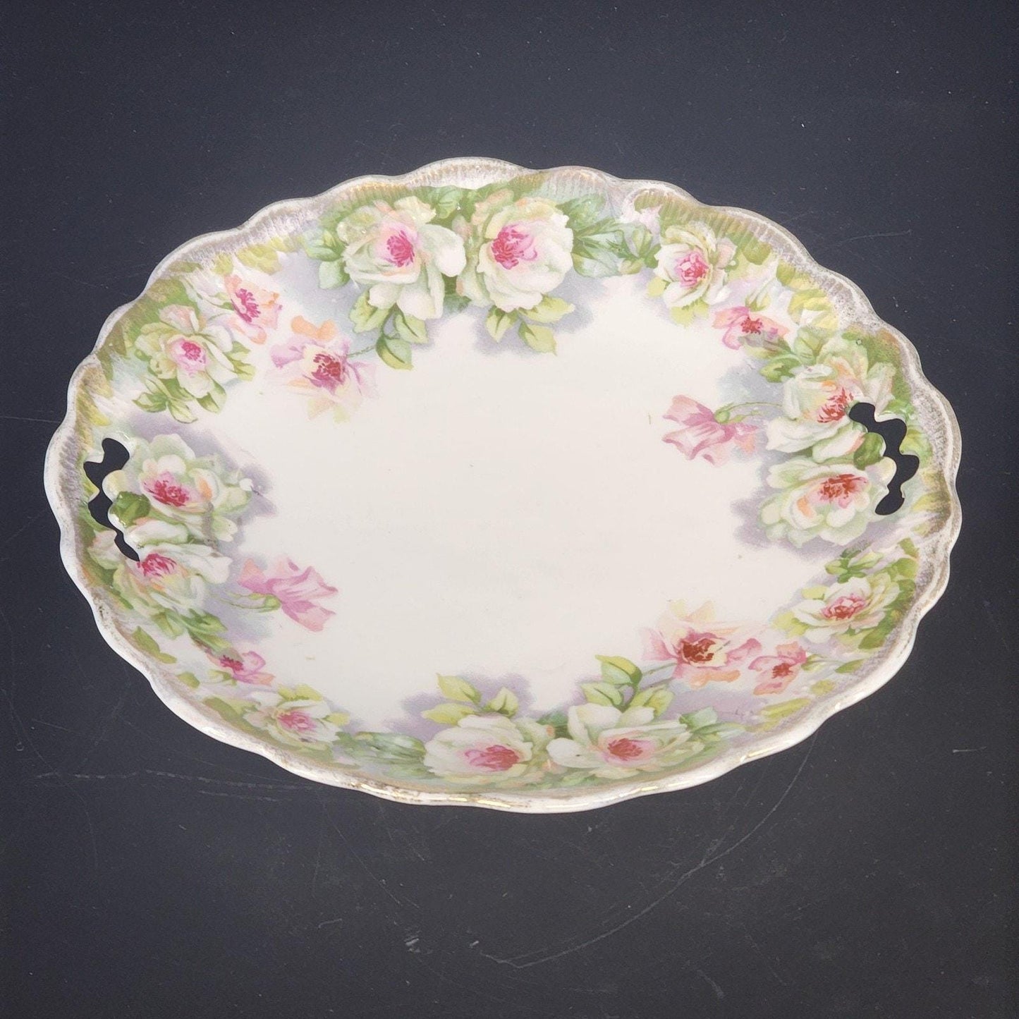Limoges France Floral Plate Gold Trim Scalloped Handles 9.75 Inch Porcelain Serving Dish Antique
