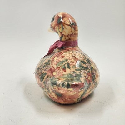 Duck Decoy Floral Decoupage Decorative Porcelain w Display Ribbon Felt Base 8.5"