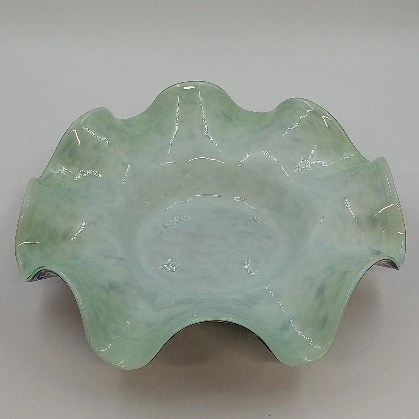 Hand Blown Art Glass Ruffled Bowl White Cased Multicolor Spun Spatter 12" Wide
