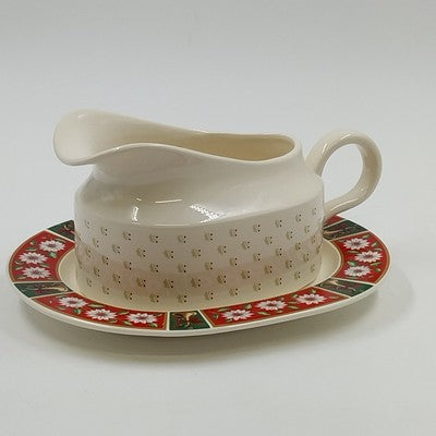 Charlton Hall Christmas Gravy Boat & Saucer Classic Traditions Ceramic Crazed