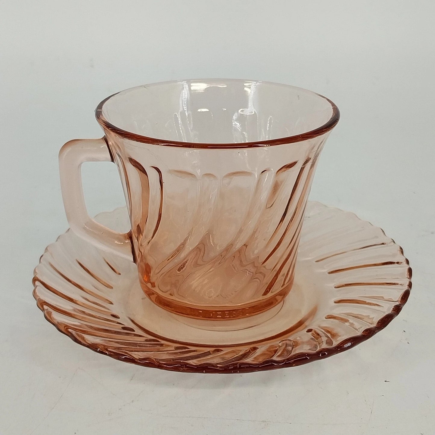 Fortecrisa Pink Swirl Ribbed Glass Cup & Saucer Set MCM Tableware Mexico Vtg