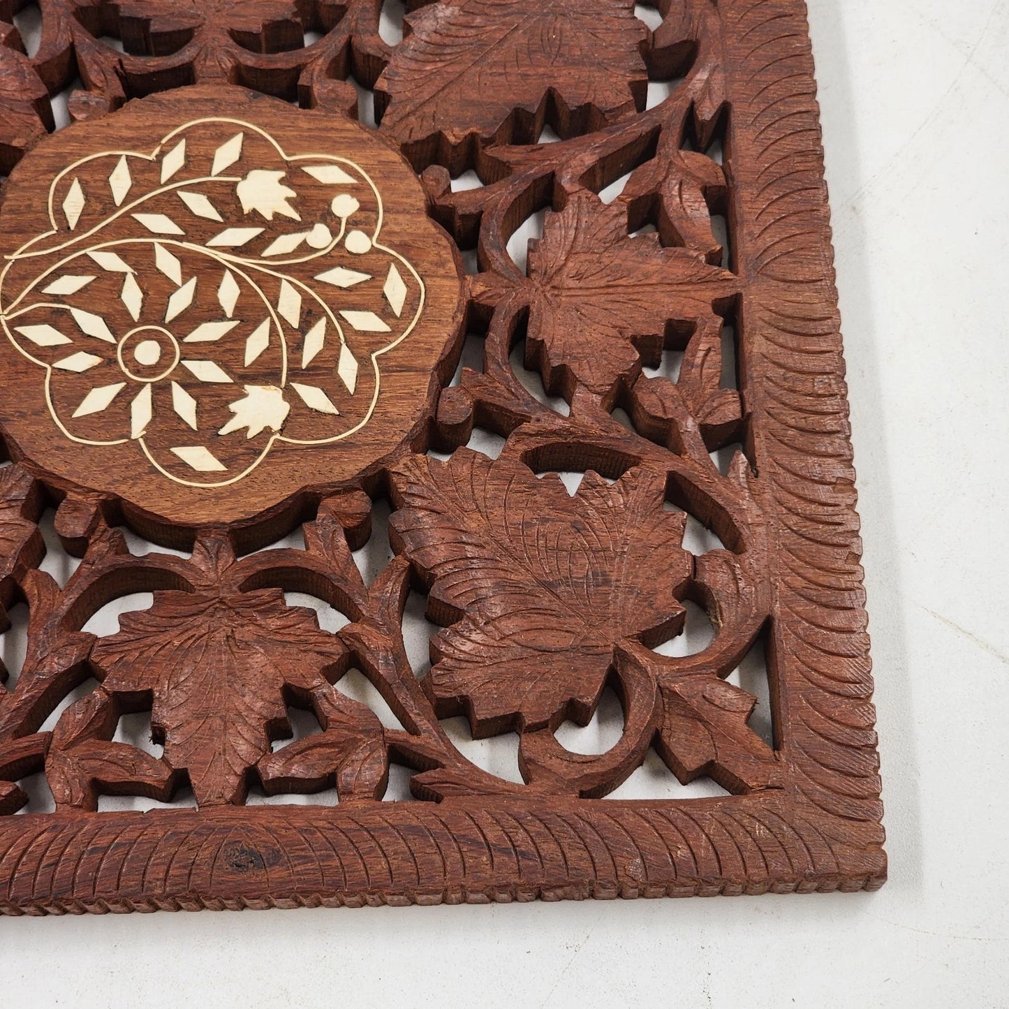 Hand Carved Wood Trivet 8" Square Gold Inlay Floral Leaves Design India Vintage
