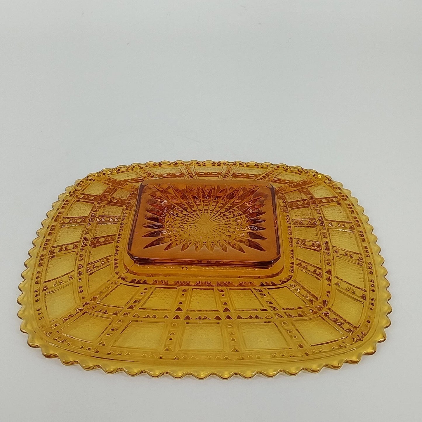 Imperial Glass Square Beaded Block Amber Plate Art Deco Starburst 1930s Vintage