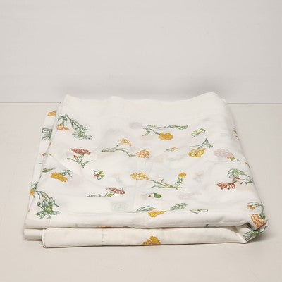 White Twin Size Flat Top Sheet Coverlet Red Yellow Floral & Butterflies Motif