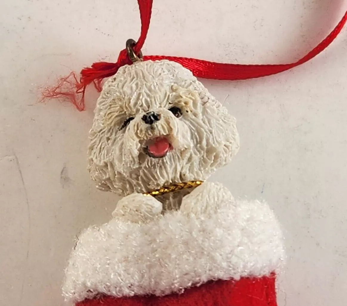 The Danbury Mint Bichon Frise Dog in Red Christmas Stocking Ornament Vintage