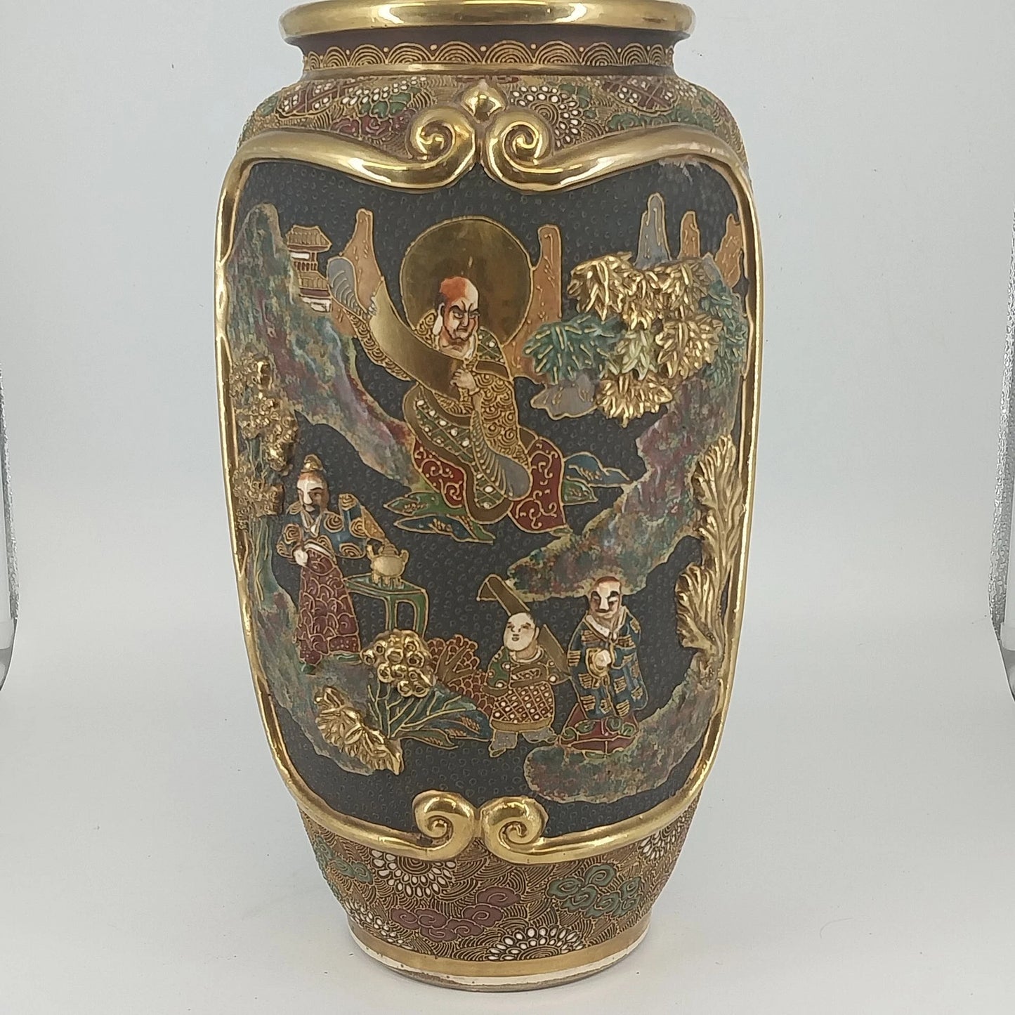 Japanese Moriage Satsuma Vase Lamp Base Gold Gilt Raised Relief 14.5" Antique