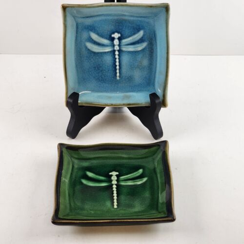 2 Dragonfly Trinket Dishes Blue and Green by The Bombay Company 5" Square China