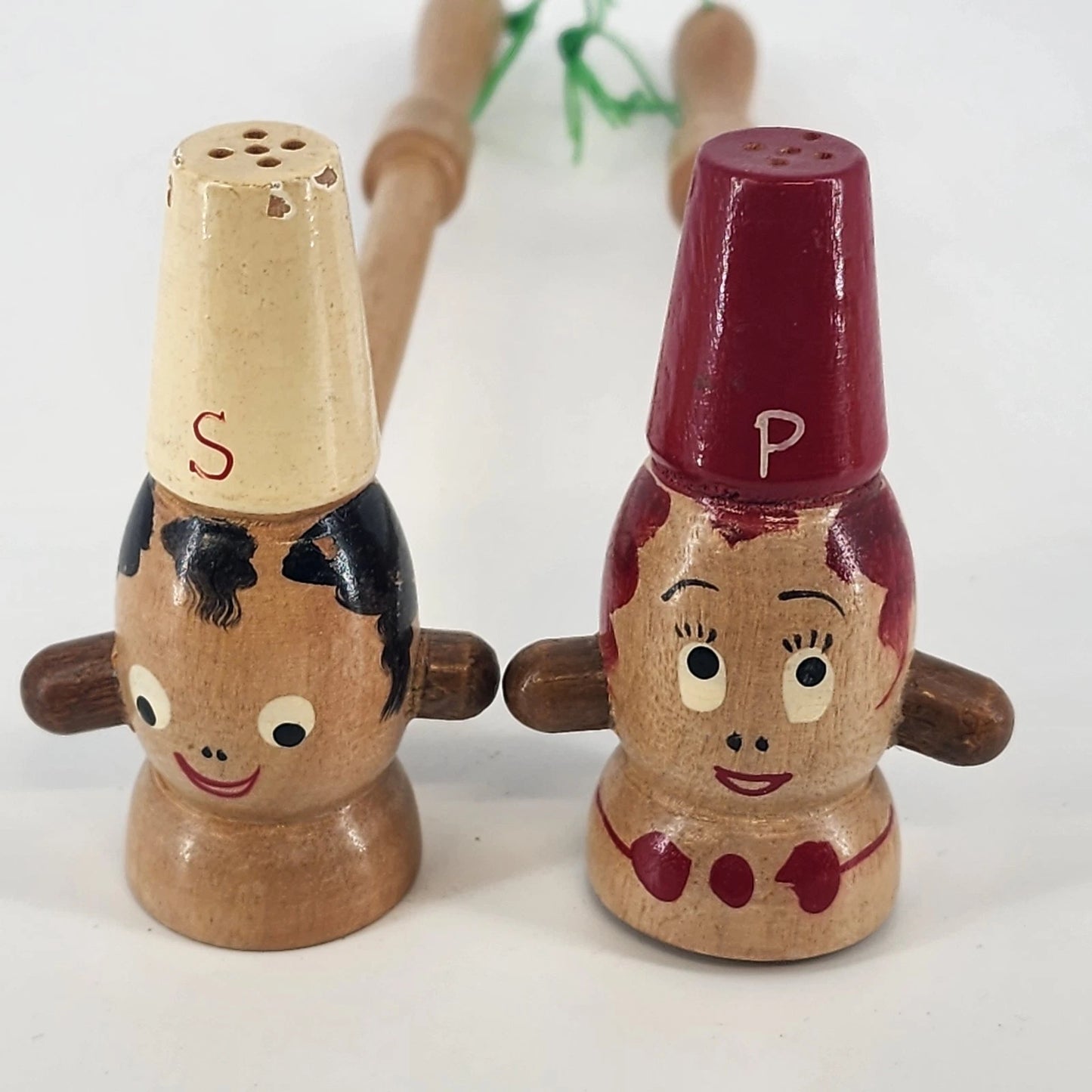 Chef Salt & Pepper Shakers Set Wood Long Handle 3" Japan 1950's Kitchen Decor
