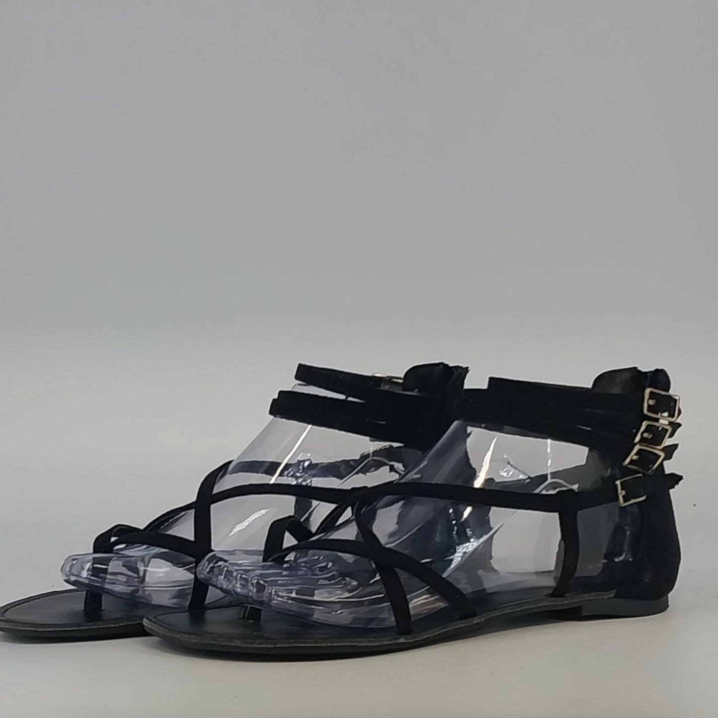 Forever 21 Black Jelly Strappy Flats Sandals Womens Size 8 Triple Buckle Ankle