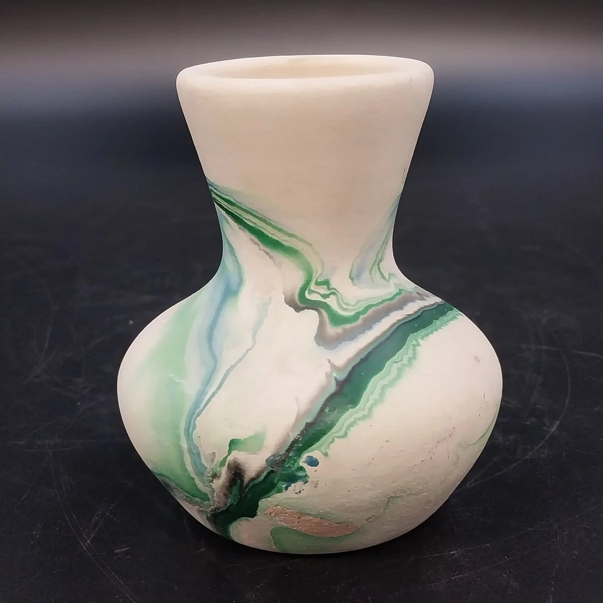 Nemadji Pottery Green Gray Swirl Bud Vase 3.5" USA Vintage