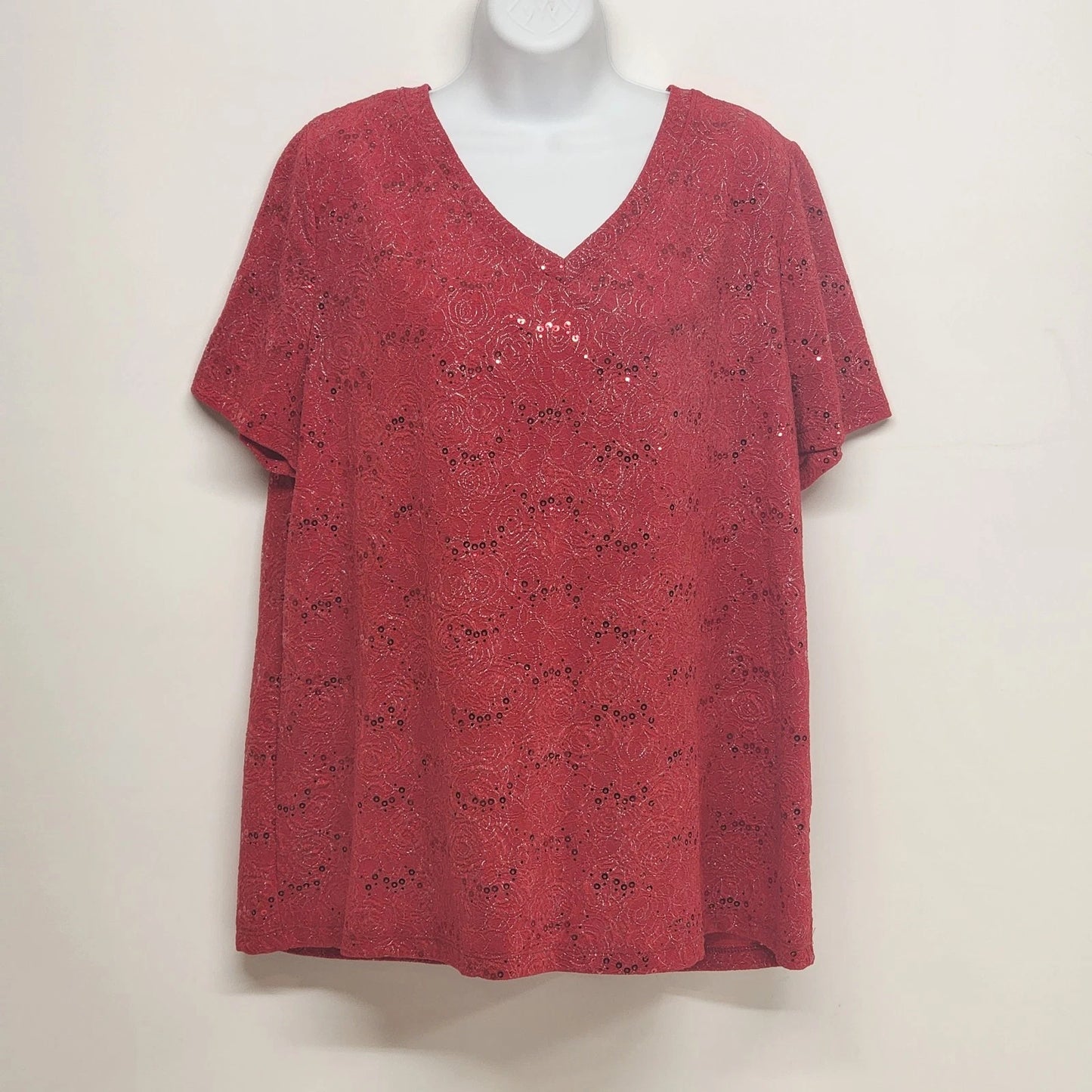 White Stag Red Sequin Blouse Women 1X V Neck Metallic Top