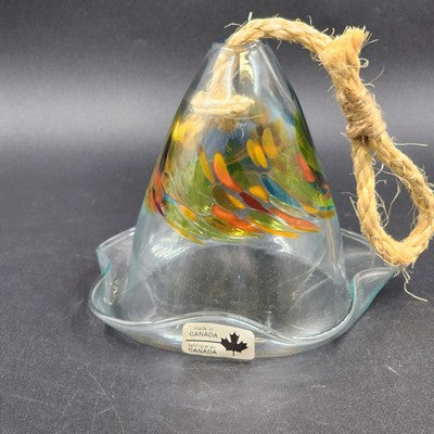 Bell Hummingbird Hand Blown Art Glass Multicolored Swirls Ruffled Edge Rope Hang